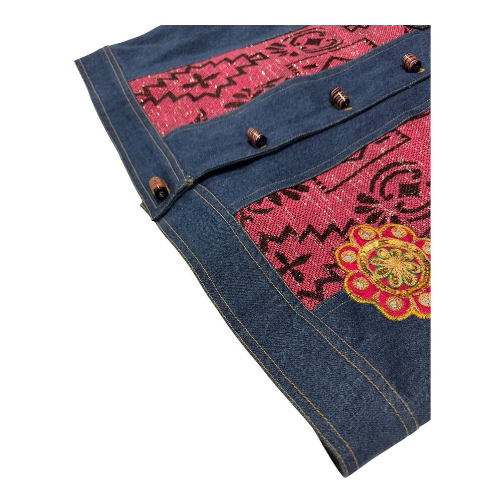 Indigo Moon Denim Chambray Medium Coat Pink Aztec Accent Purple Trim Embellish - Picture 12 of 13